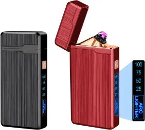 2 Pack Electric Lighters, USB Rechargeable, Plasma Dual Arc, Windproof Flameless, Pocket Metal Lighters with LED Battery Indication for Indoor Outdoor (Black&Red)