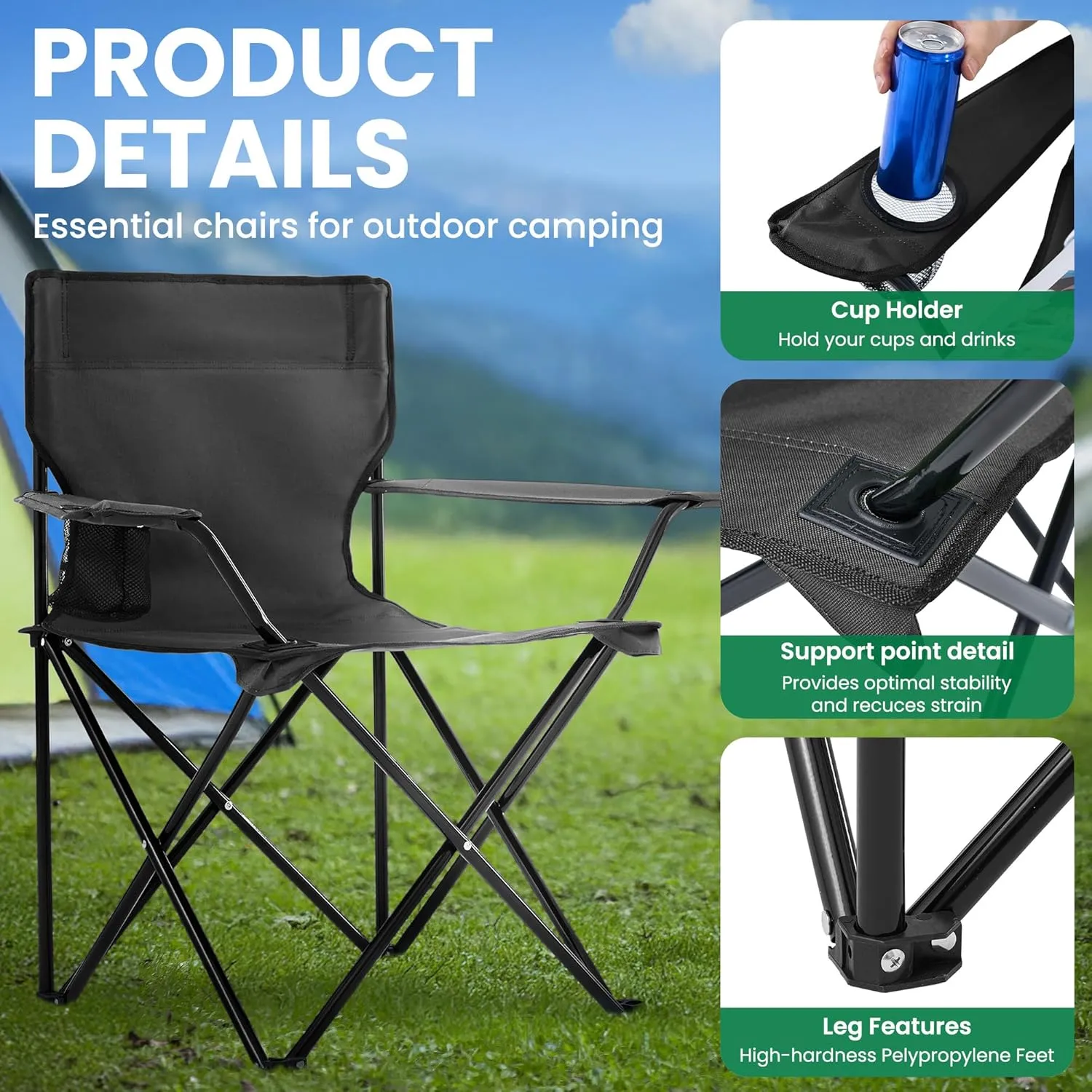 2 Pack Folding Camping Chairs for Adults,Foldable Portable Beach Chairs with Carry Bag & Cup Holder, Compact Design for Camping,Beach, Picnics,and Fishing Supports 300LBS (Black)