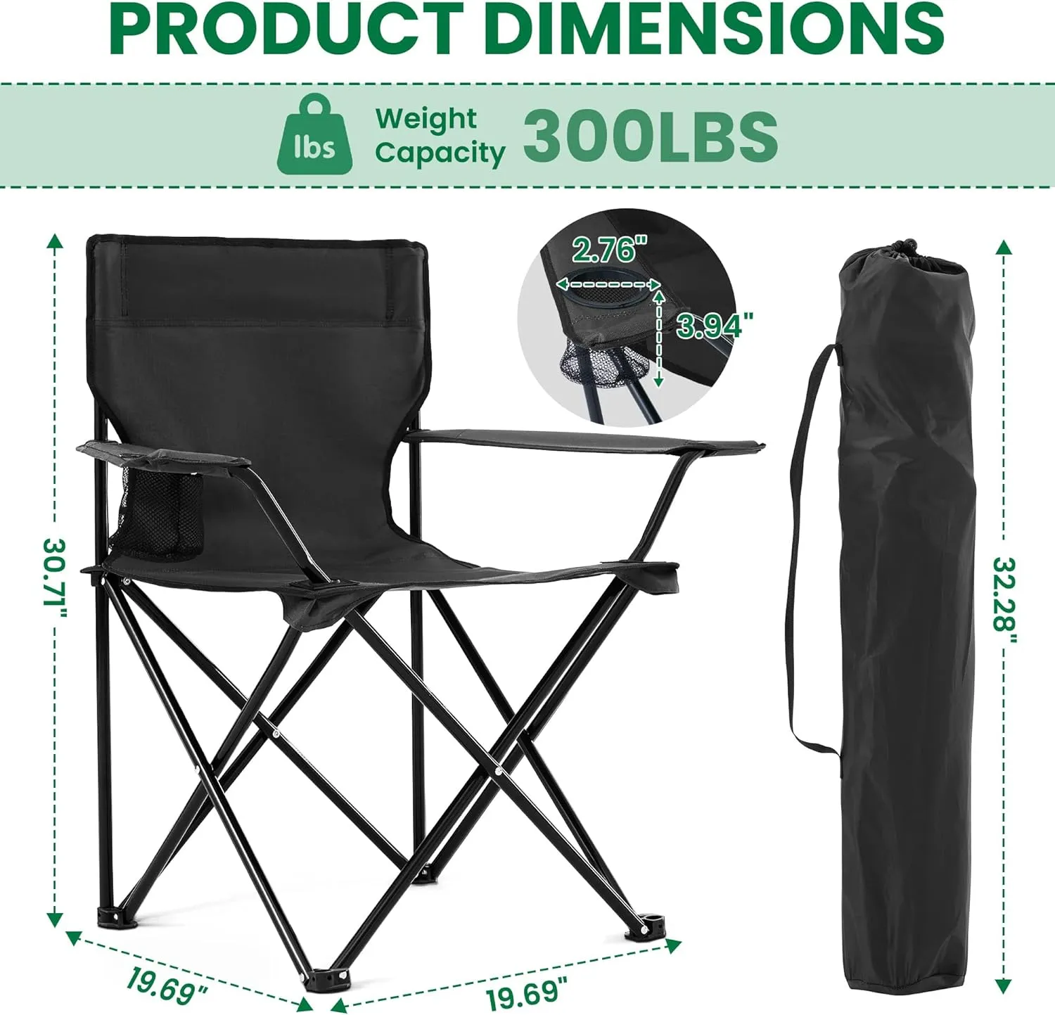 2 Pack Folding Camping Chairs for Adults,Foldable Portable Beach Chairs with Carry Bag & Cup Holder, Compact Design for Camping,Beach, Picnics,and Fishing Supports 300LBS (Black)