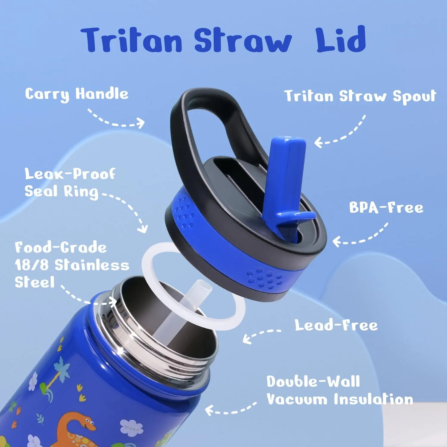2 Pack Insulated Kids Water Bottle, BUZIO 14oz Stainless Steel Water Bottles with Tritan Straw Lid, BPA-FREE Lead-Free Double Wall Leak Proof Drink Cups Flask for School (Blue Car  Blue Dinosaur)
