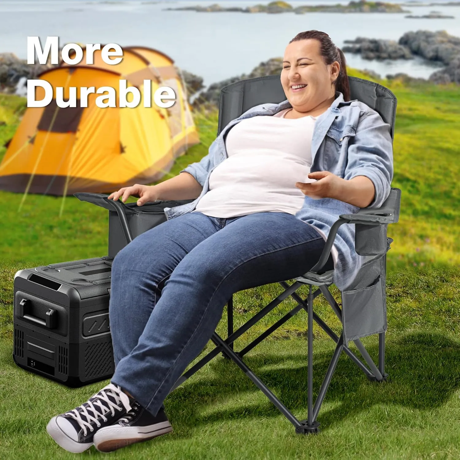 2 Pack Oversized Folding Camping Chair, Heavy Duty Support 500LBS Outdoor Chair with Cup Holder Storage and Cooler Pouch, Collapsible Padded Arm Chair for Sports Garden Beach Fishing, Grey