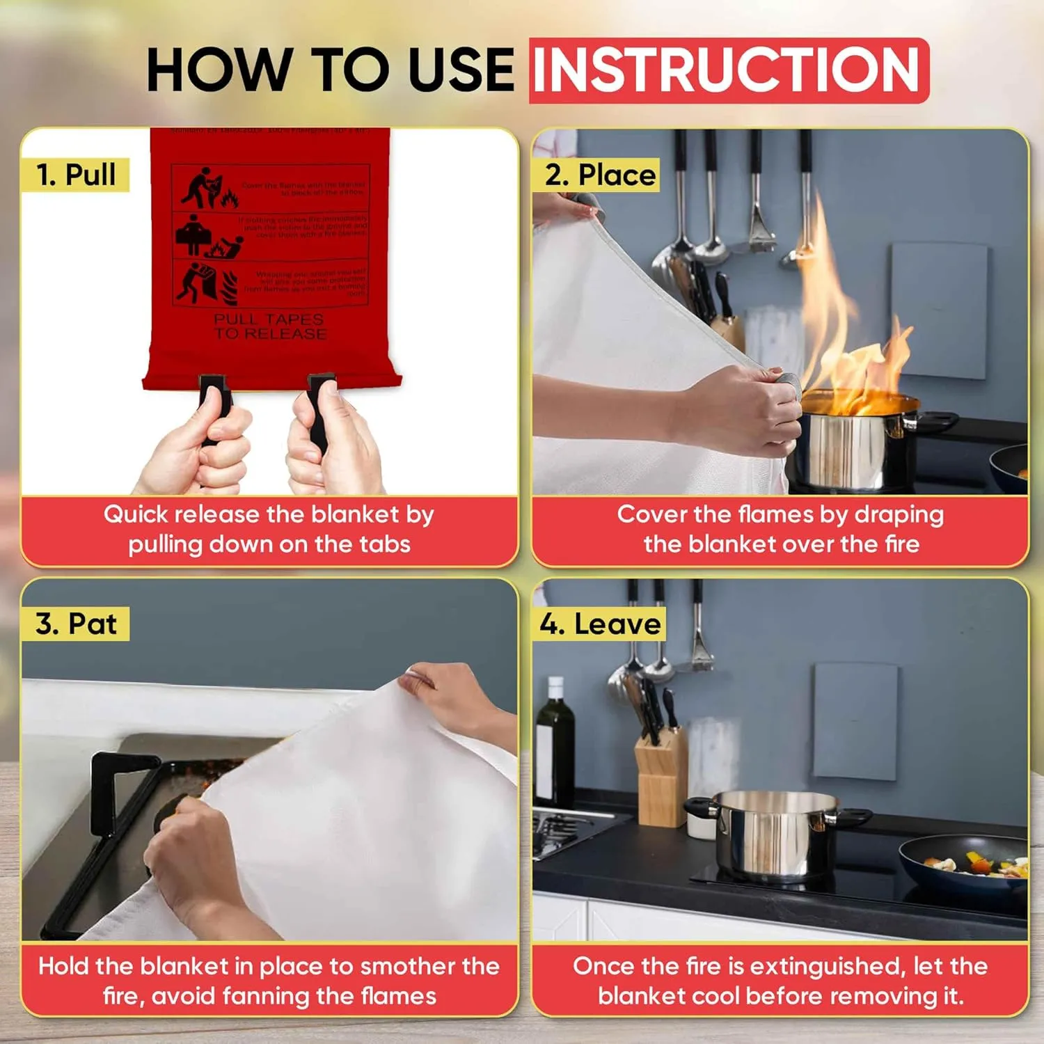 2-Pack Premium Fire Blanket - Home and Kitchen Emergency Fire Blankets for Safety, Easy to Use for Fire Suppression & Kitchen Fires, Fiberglass Fire Blanket (Parent) (Red)
