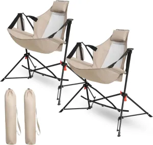 2 Pcs Hammock Camping Chair, Portable Folding Chair with Durable Steel Frame, Adjustable Lawn Chair with Cup Holder for Adults, Comfortable for Outdoor, Garden, Patio (Khaki, One Size)