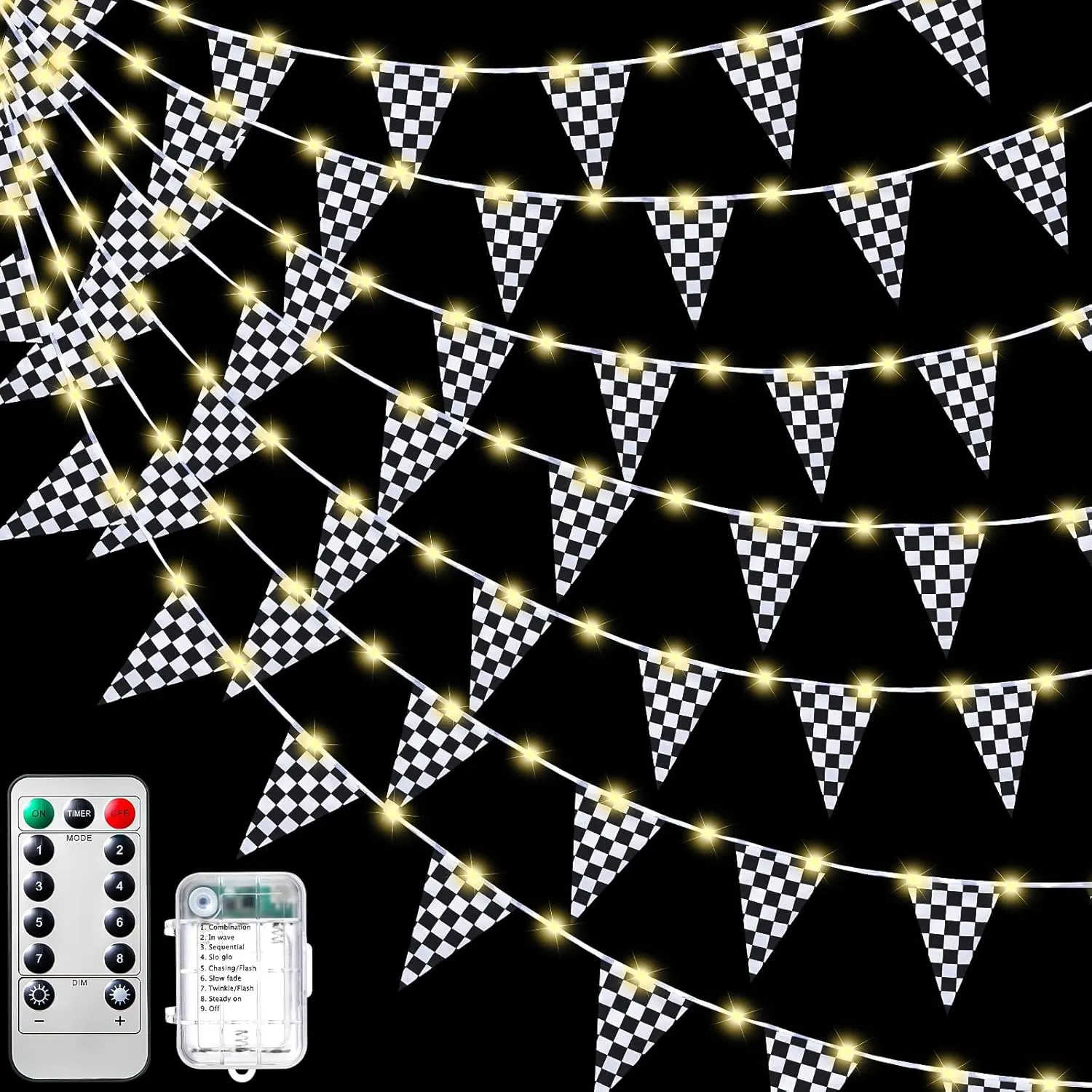 2 Pcs Light Up Black and White Checkered Flag Banner with 8 Modes, 65.6 Ft LED Pennant Racing Banner Plastic Race Flags with Remote for Race Theme Birthday Party Decoration