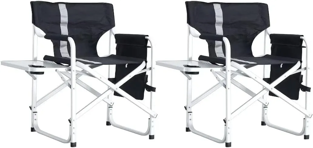 2-Piece Outdoor Chairs, Padded Folding Camping Chairs with Side Table and Storage Pockets, Outdoor Folding Chairs, Folding Lawn Chairs, Lightweight Oversized Directors Chairs, Black Gray