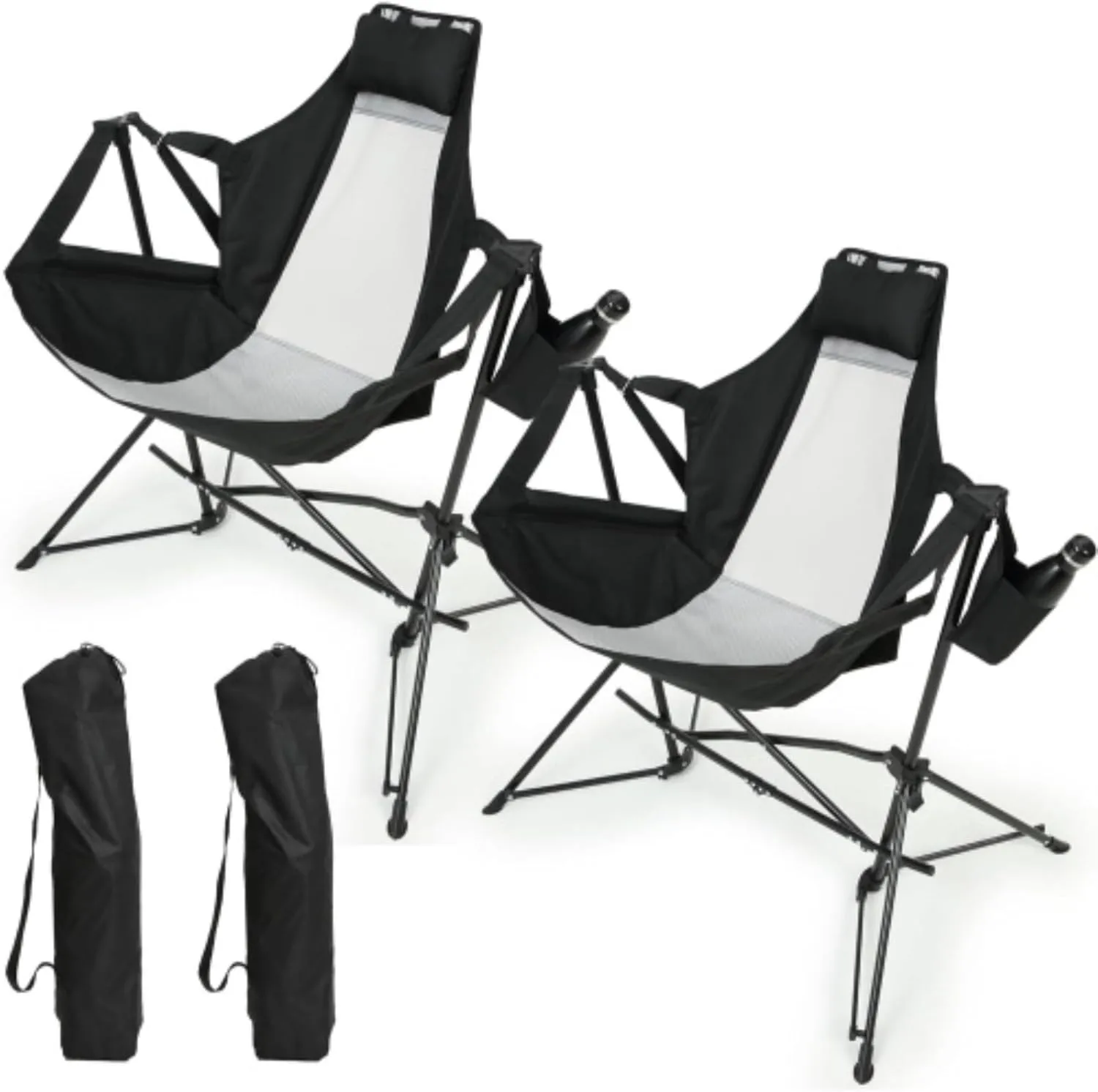 2 Pieces Hammock Camping Chair, Folding Portable Rocking Chair, Aluminum Alloy Adjustable Backrest, with Pillow Cup Holder, with Carrying Bag, Suitable for Outdoor Travel Lawn Backyard, Black