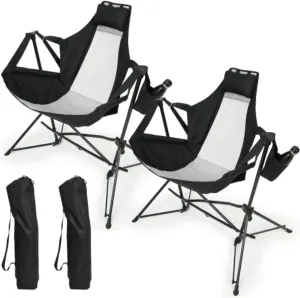 2 Pieces Hammock Camping Chair, Folding Portable Rocking Chair, Aluminum Alloy Adjustable Backrest, with Pillow Cup Holder, with Carrying Bag, Suitable for Outdoor Travel Lawn Backyard, Black
