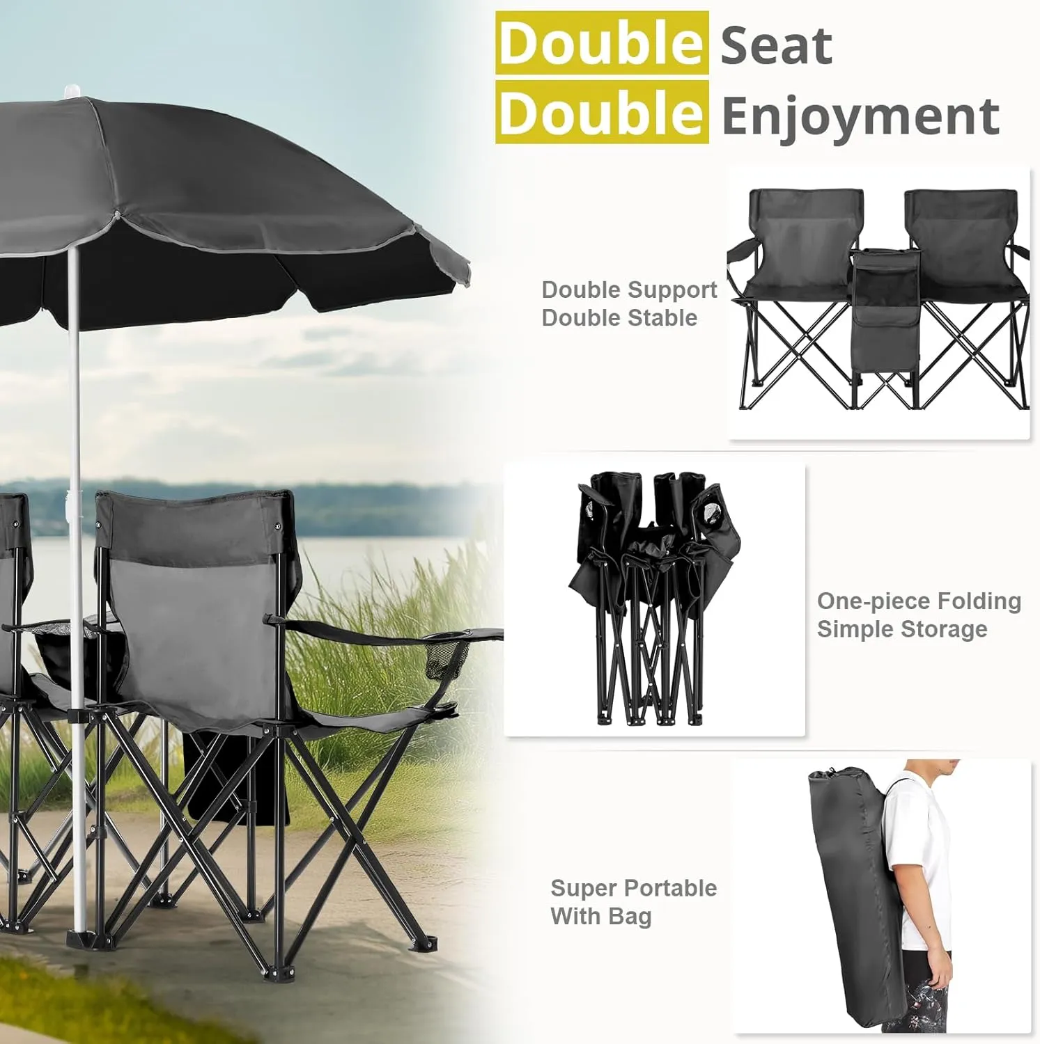 2-Seat Folding Camping Chair with Removable Umbrella – Portable Outdoor Chair for Beach, Fishing & Sports – Heavy-Duty Steel Frame with Cup Holders & Storage Bag (Black)