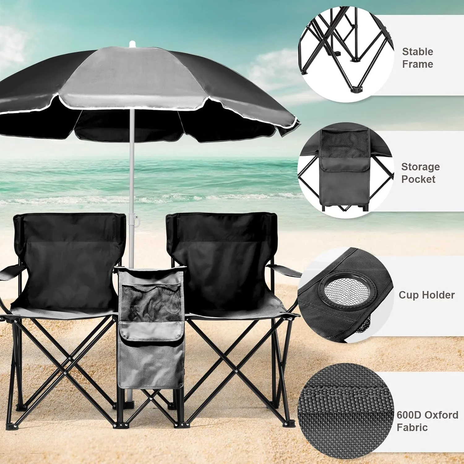 2-Seat Folding Camping Chair with Removable Umbrella – Portable Outdoor Chair for Beach, Fishing & Sports – Heavy-Duty Steel Frame with Cup Holders & Storage Bag (Black)