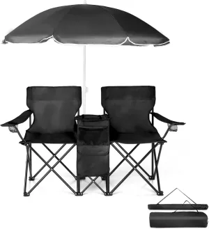 2-Seat Folding Camping Chair with Removable Umbrella – Portable Outdoor Chair for Beach, Fishing & Sports – Heavy-Duty Steel Frame with Cup Holders & Storage Bag (Black)