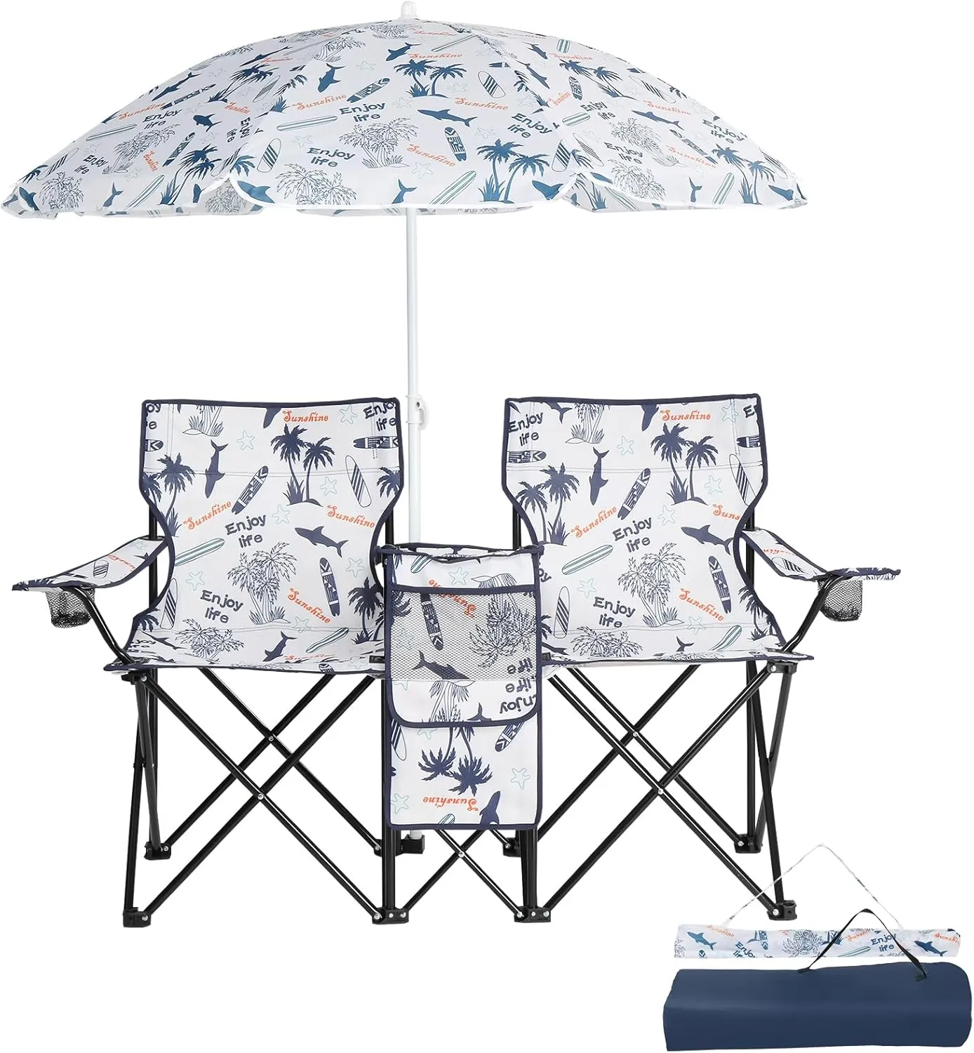 2-Seat Folding Camping Chair with Removable Umbrella – Portable Outdoor Chair for Beach, Fishing & Sports – Heavy-Duty Steel Frame with Cup Holders & Storage Bag (White)
