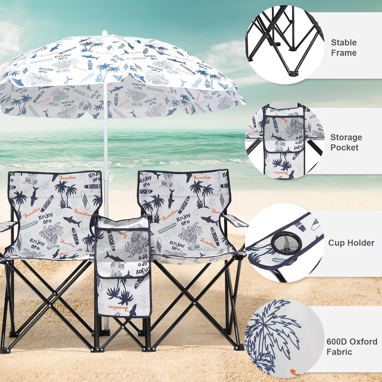 2-Seat Folding Camping Chair with Removable Umbrella – Portable Outdoor Chair for Beach, Fishing & Sports – Heavy-Duty Steel Frame with Cup Holders & Storage Bag (White)