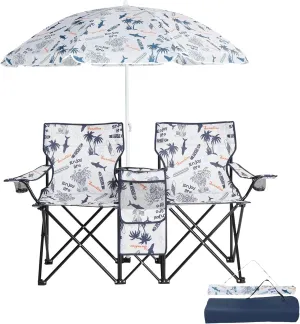 2-Seat Folding Camping Chair with Removable Umbrella – Portable Outdoor Chair for Beach, Fishing & Sports – Heavy-Duty Steel Frame with Cup Holders & Storage Bag (White)