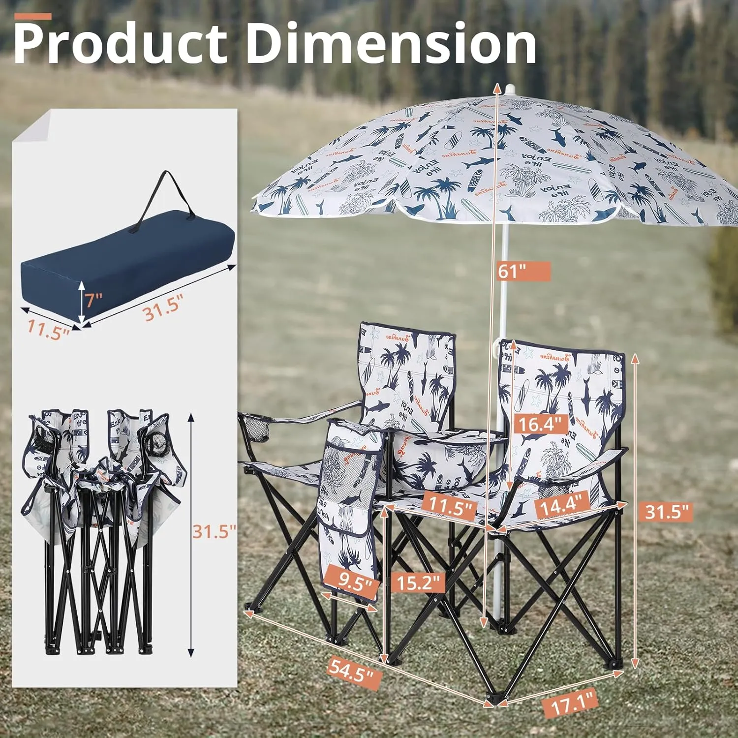 2-Seat Folding Camping Chair with Removable Umbrella – Portable Outdoor Chair for Beach, Fishing & Sports – Heavy-Duty Steel Frame with Cup Holders & Storage Bag (White)