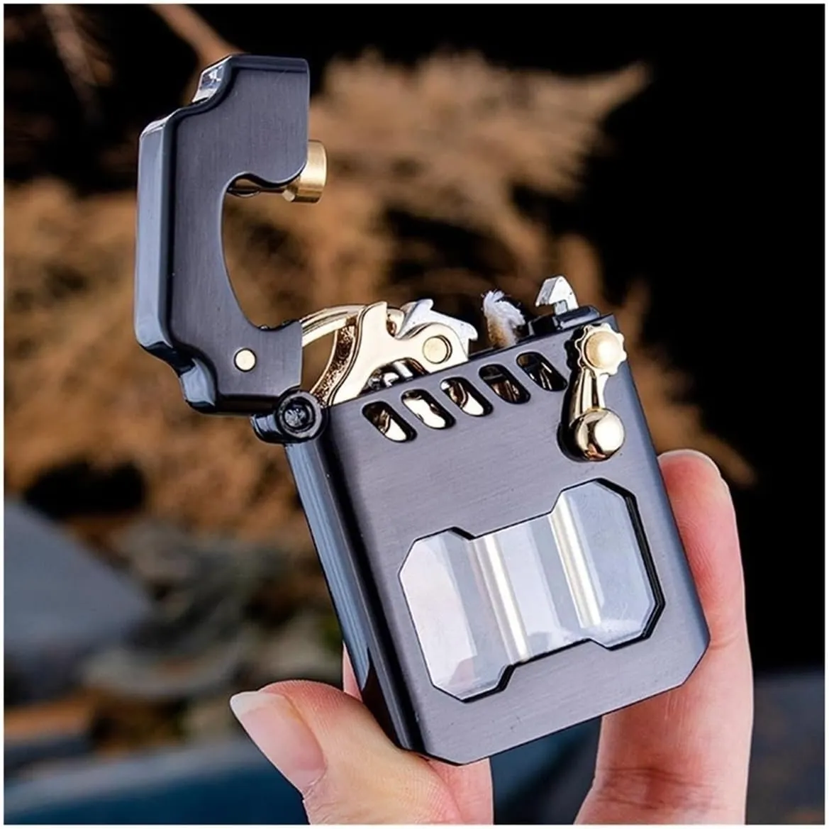 2024 kerosene lighter, old-fashioned metal kerosene lighter, rocker link transmission gear ignition lighter, with fuel observation window, suitable for wilderness, travel, camping (fuel not included)(