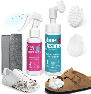 2025 Water free Shoe Cleaner Kit for Sneakers, 7Oz Shoe Cleaning Kit with Brushes & 4.2Oz Shoe Sock Odor-fighting & Towel & Cleaning Sponge for Suede, Whites, Boot, Canvas,Leather, Tennis Shoes,Stains