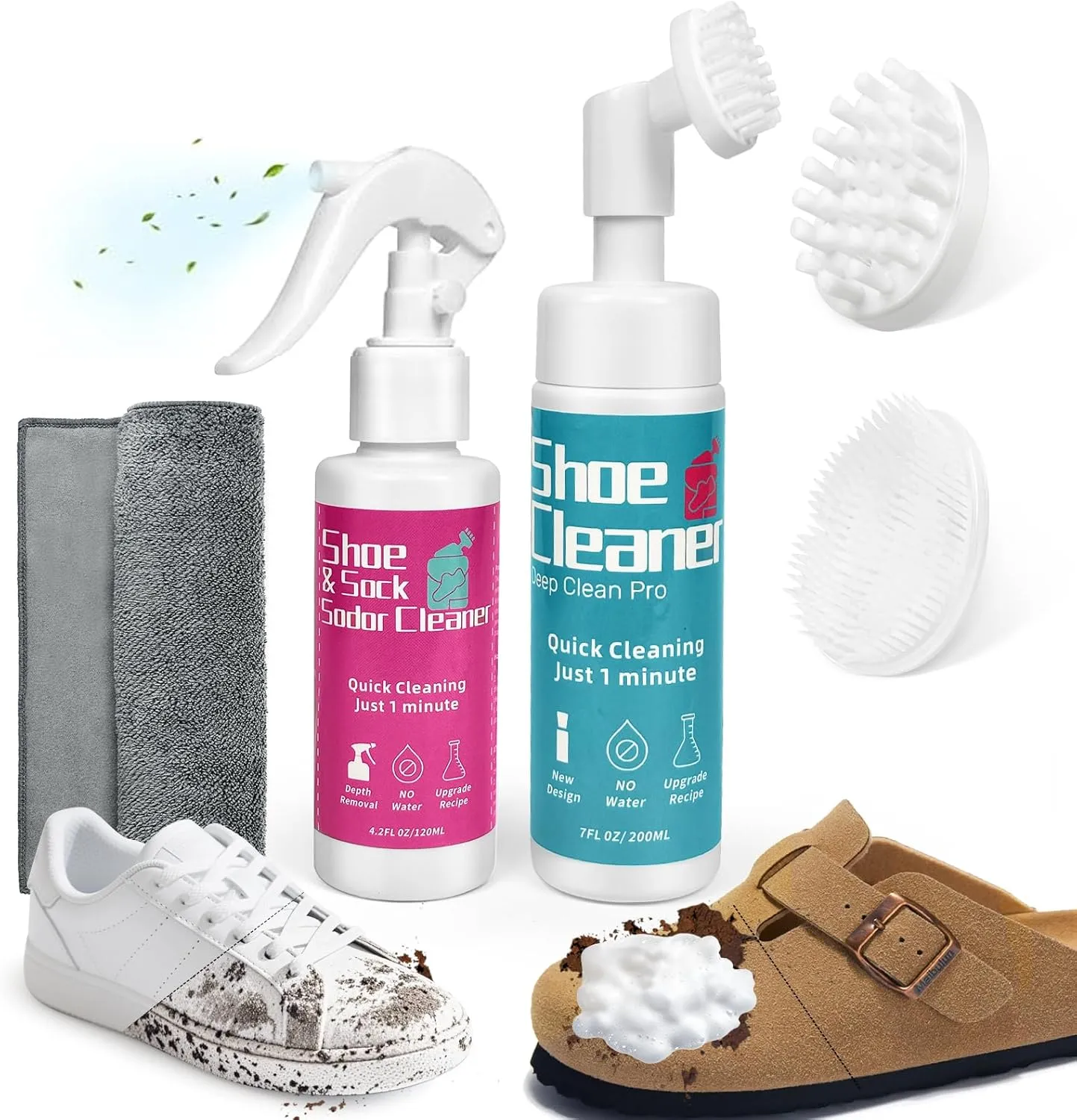 2025 Water free Shoe Cleaner Kit for Sneakers, 7Oz Shoe Cleaning Kit with Brushes & 4.2Oz Shoe Sock Odor-fighting & Towel & Cleaning Sponge for Suede, Whites, Boot, Canvas,Leather, Tennis Shoes,Stains