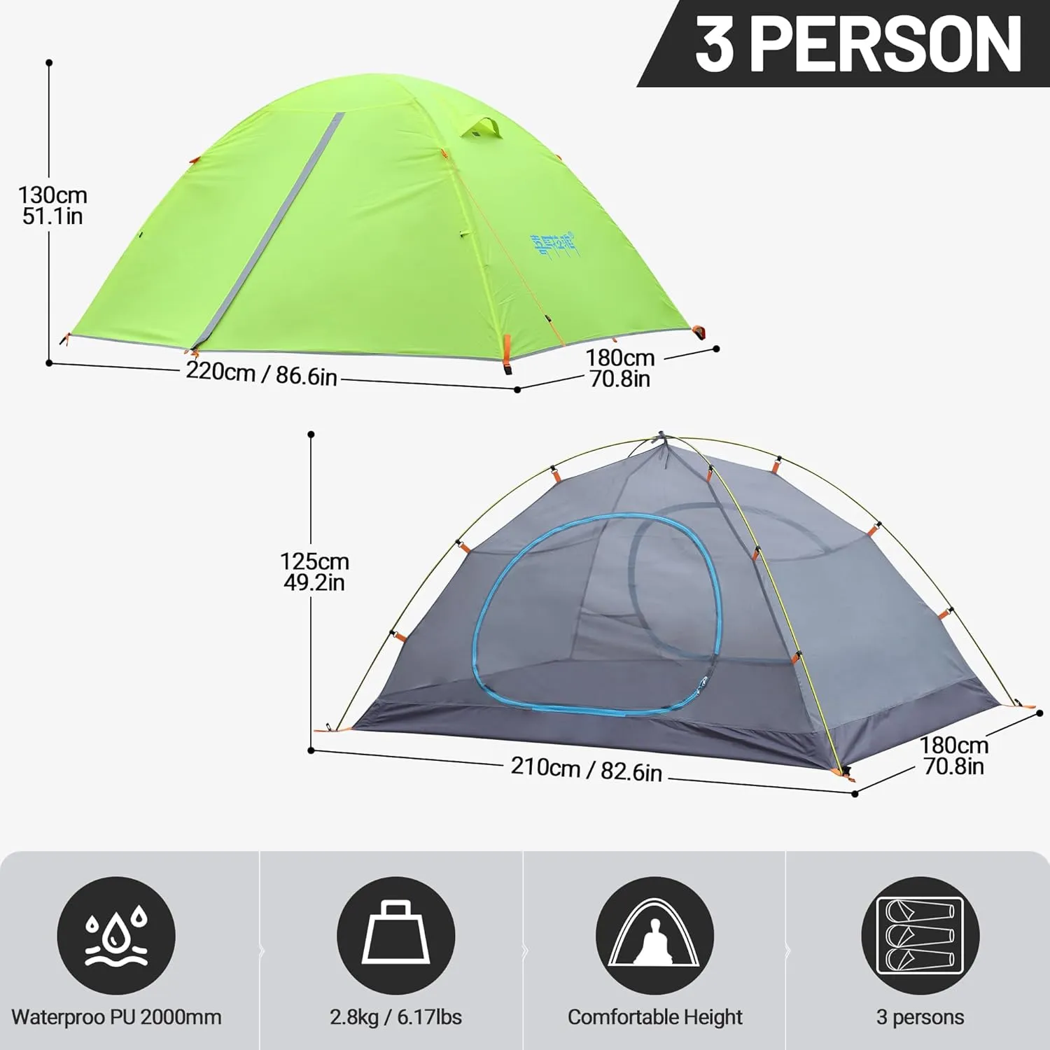 2/3 Person Camping Tent Backpacking Lightweight Tent Waterproof Windproof Aluminum Pole Two Doors Double Layer Easy Setup Portable for Outdoor Camping Hiking Beach Travel