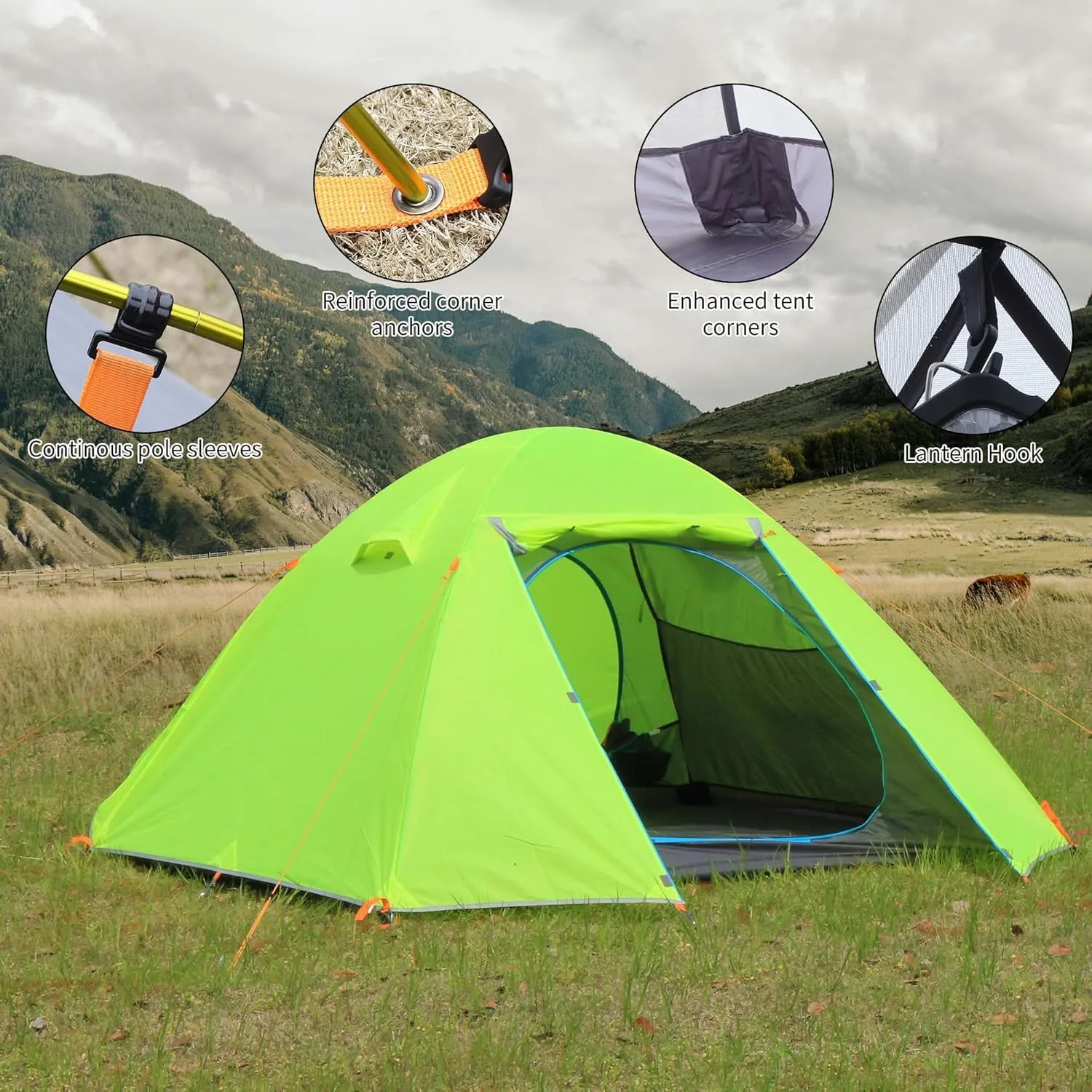 2/3 Person Camping Tent Backpacking Lightweight Tent Waterproof Windproof Aluminum Pole Two Doors Double Layer Easy Setup Portable for Outdoor Camping Hiking Beach Travel