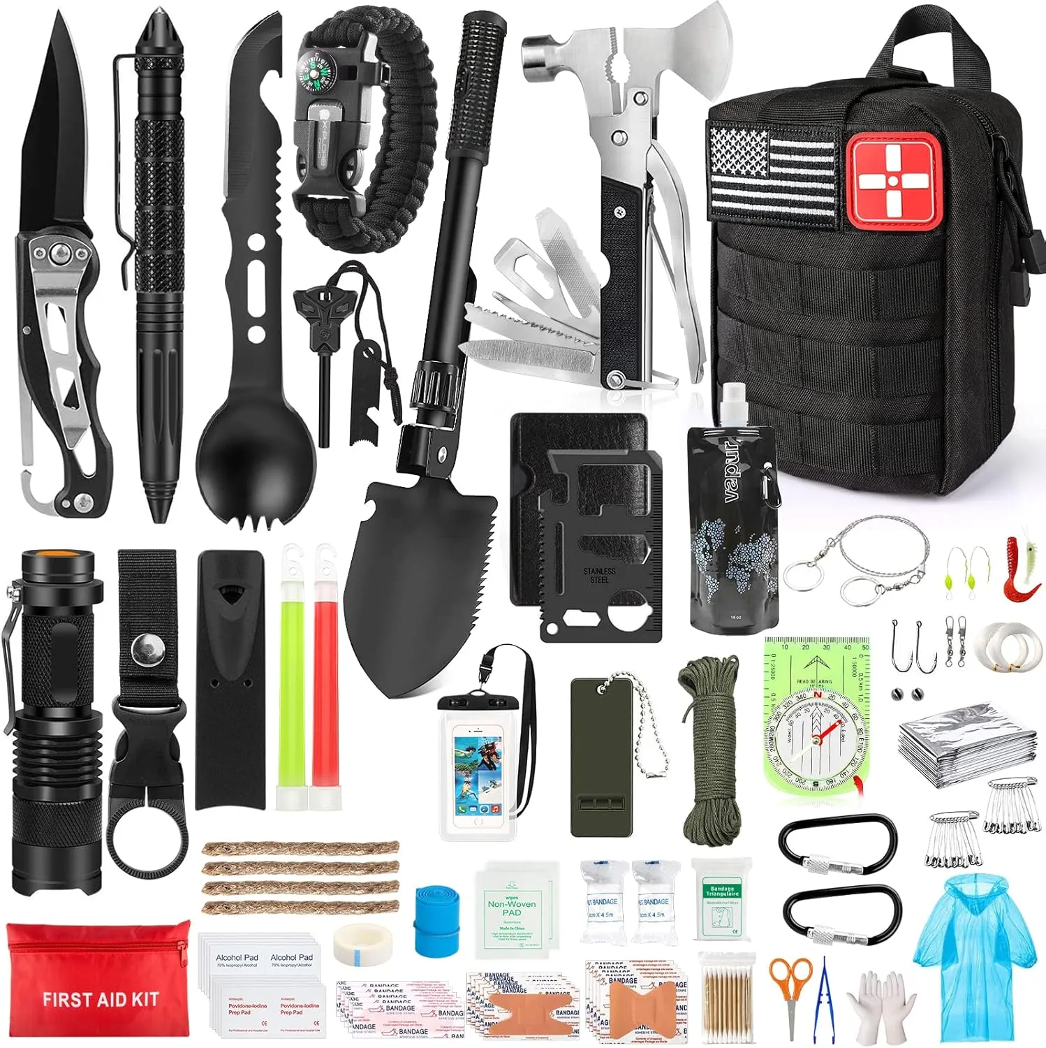 235Pcs Emergency Survival Kit and First Aid Kit Professional Survival Gear Tool with IFAK Molle System Compatible Bag, Gift for Men Camping Outdoor Adventure Boat Hunting Hiking & Earthquake