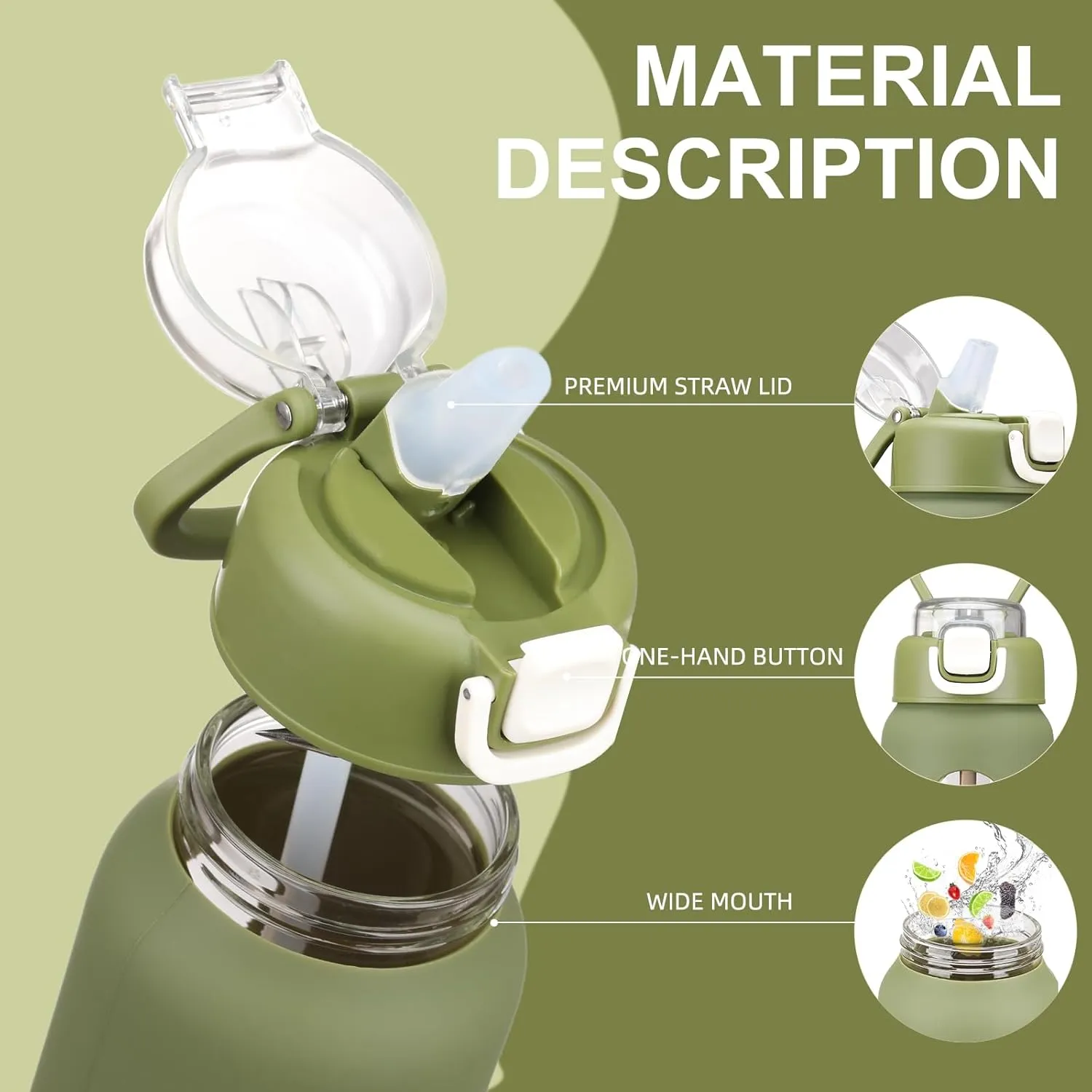 24 oz Glass Water Bottles with 2 Lids-Handle Spout Lid & Straw Lid, Motivational Water Bottle with Time Marker and Silicone Sleeve,Leakproof-Army Green-1 Pack