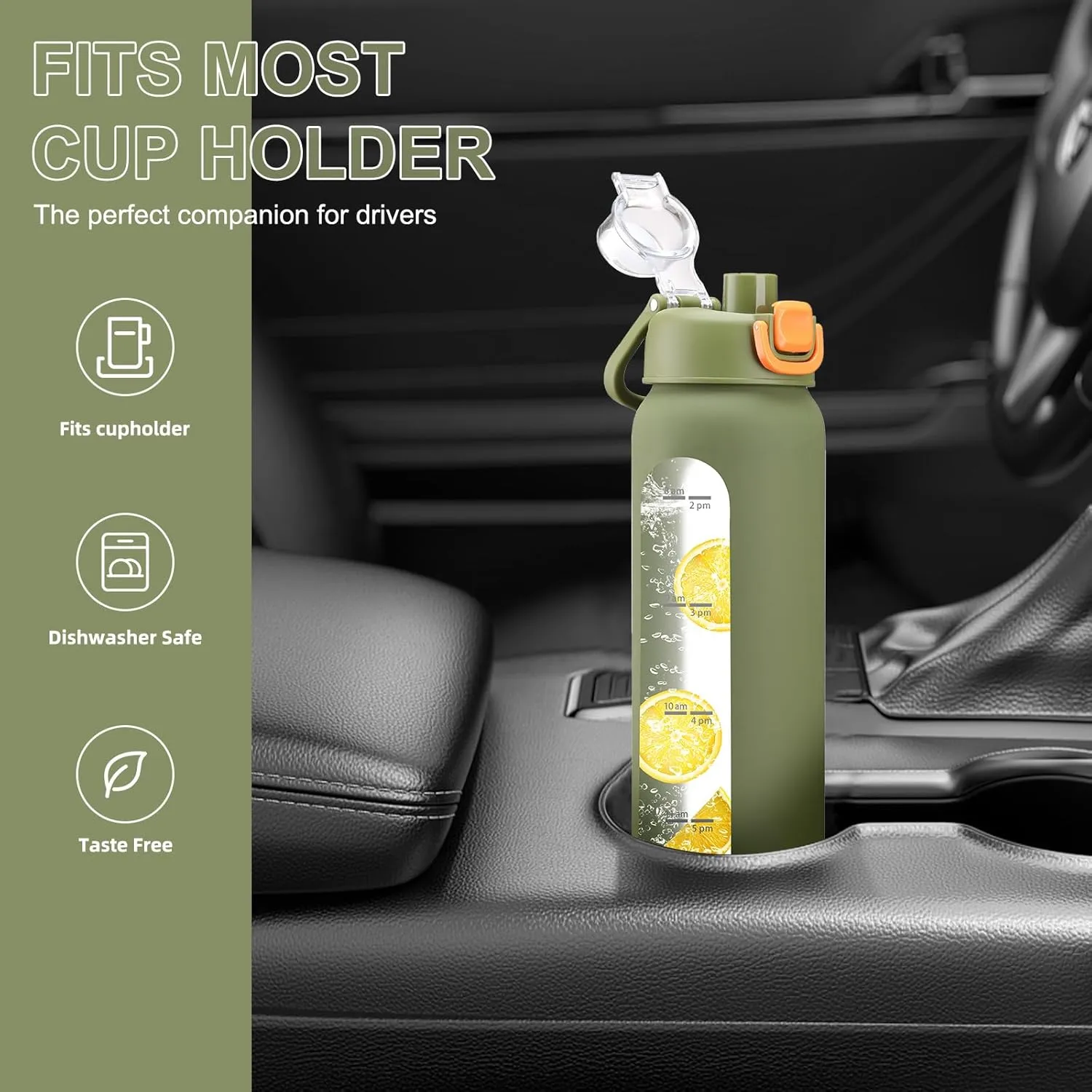 24 oz Glass Water Bottles with 2 Lids-Handle Spout Lid & Straw Lid, Motivational Water Bottle with Time Marker and Silicone Sleeve,Leakproof-Army Green-1 Pack