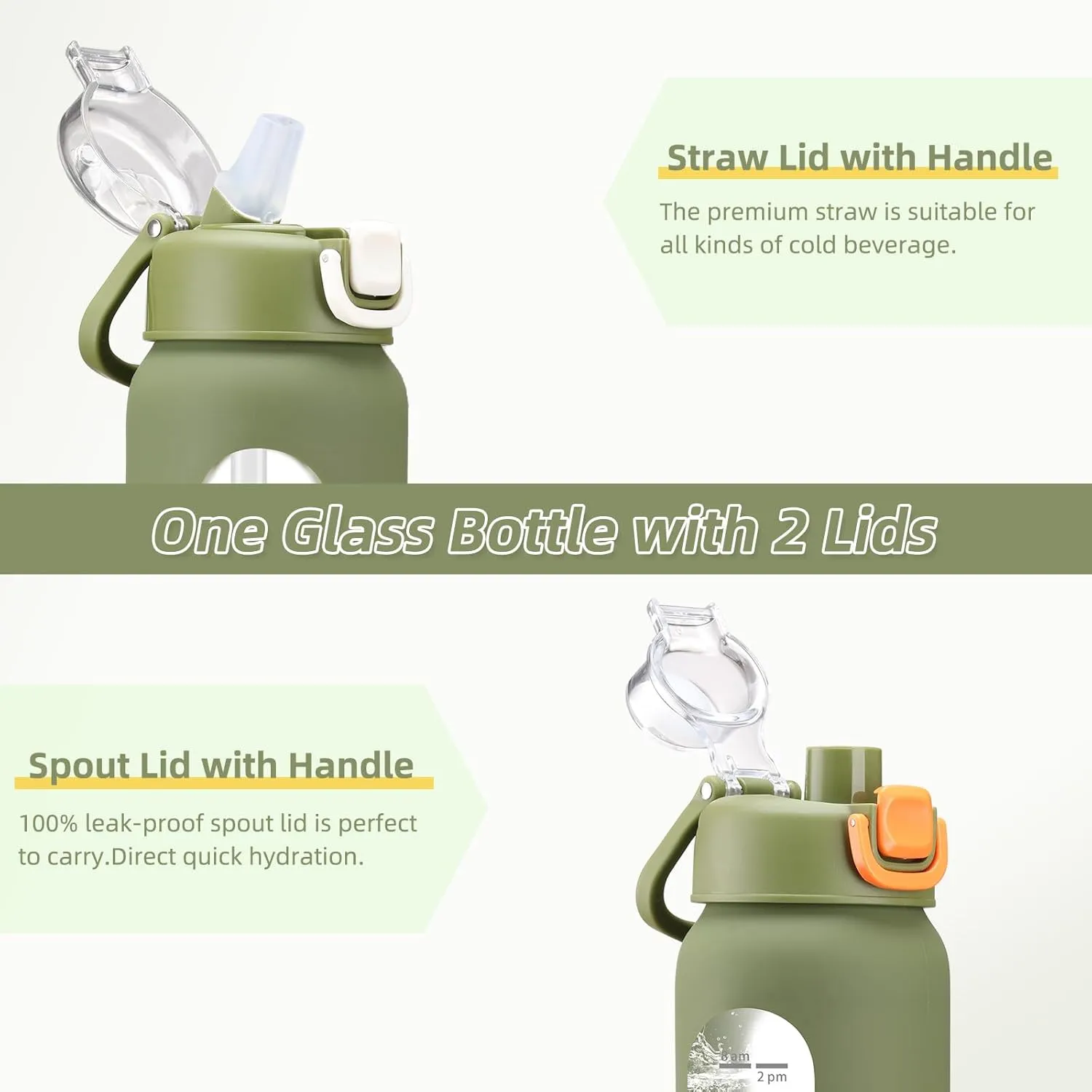 24 oz Glass Water Bottles with 2 Lids-Handle Spout Lid & Straw Lid, Motivational Water Bottle with Time Marker and Silicone Sleeve,Leakproof-Army Green-1 Pack