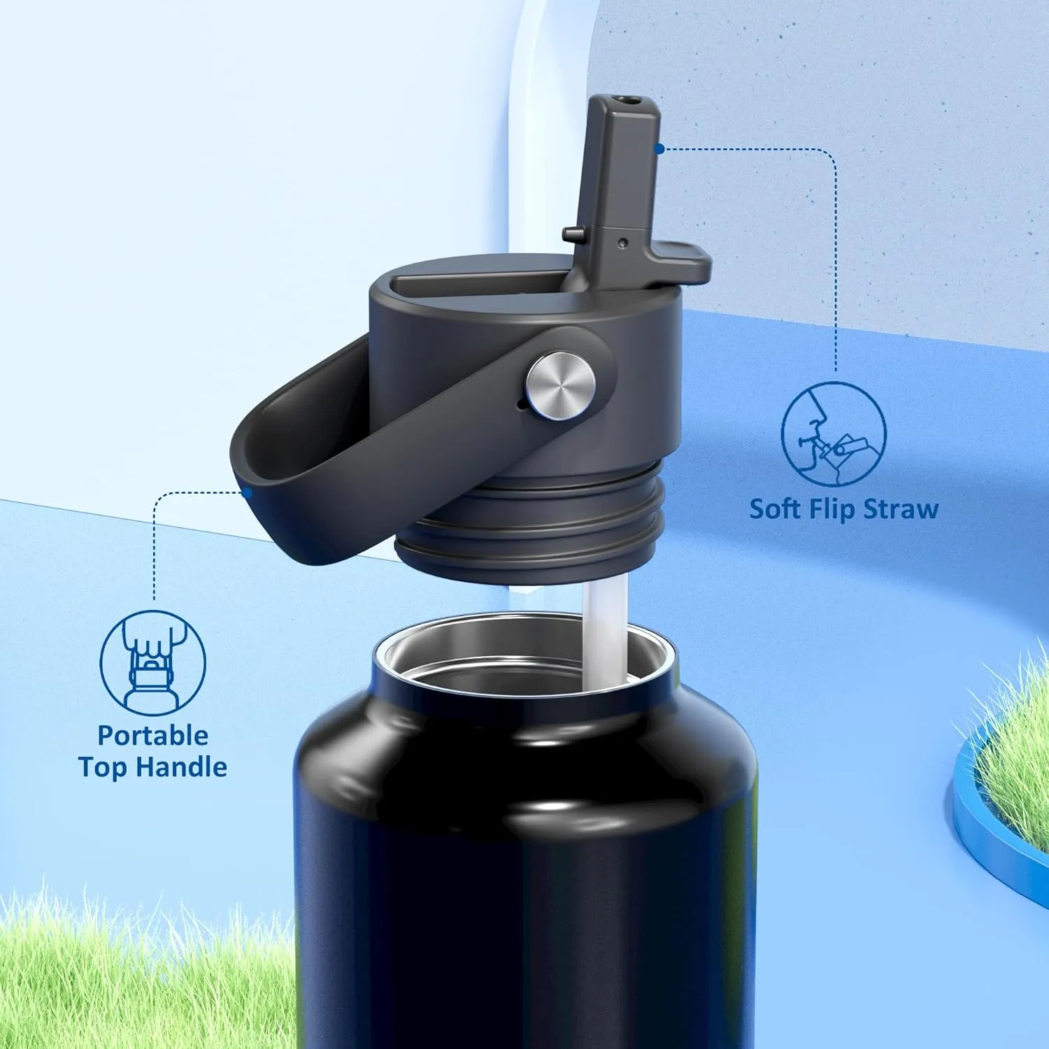 24 oz Water Bottle with Handle for Men: Spill Proof Lid with Straw, Flex Cap, Cold for 24 Hrs, Hot for 10 hrs, Vacuum Stainless Steel Thermos for Walking, Hiking, Travel, Sport, Gym (Twilight Night)