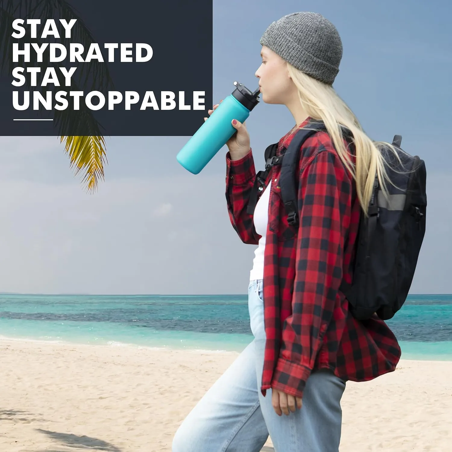 24OZ Stainless Steel Double Wall Insulated Water Bottle, Keeps Drinks Cold 24 Hours/Hot 12 Hours, Leak-Proof, Foldable Straw Lid, Dishwasher Safe, Fits Car Cup Holder, Bright Turquoise