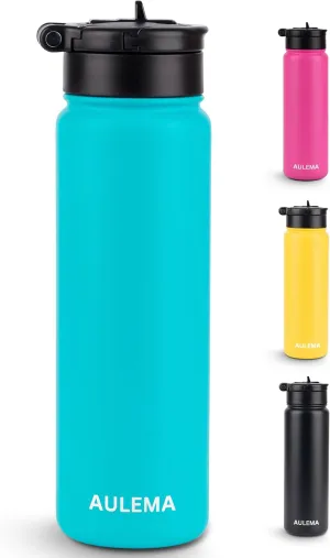 24OZ Stainless Steel Double Wall Insulated Water Bottle, Keeps Drinks Cold 24 Hours/Hot 12 Hours, Leak-Proof, Foldable Straw Lid, Dishwasher Safe, Fits Car Cup Holder, Bright Turquoise