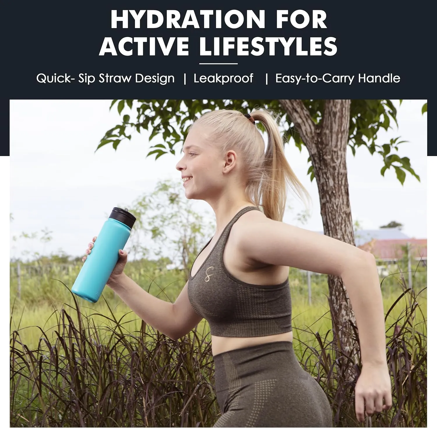 24OZ Stainless Steel Double Wall Insulated Water Bottle, Keeps Drinks Cold 24 Hours/Hot 12 Hours, Leak-Proof, Foldable Straw Lid, Dishwasher Safe, Fits Car Cup Holder, Bright Turquoise
