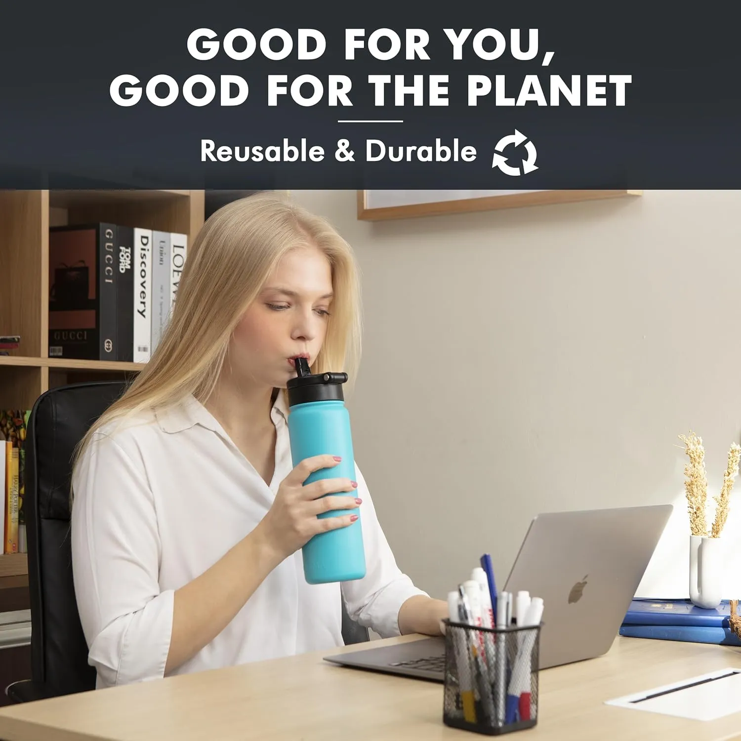 24OZ Stainless Steel Double Wall Insulated Water Bottle, Keeps Drinks Cold 24 Hours/Hot 12 Hours, Leak-Proof, Foldable Straw Lid, Dishwasher Safe, Fits Car Cup Holder, Bright Turquoise