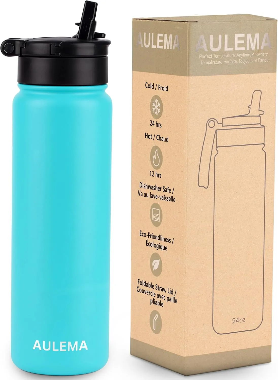 24OZ Stainless Steel Double Wall Insulated Water Bottle, Keeps Drinks Cold 24 Hours/Hot 12 Hours, Leak-Proof, Foldable Straw Lid, Dishwasher Safe, Fits Car Cup Holder, Bright Turquoise