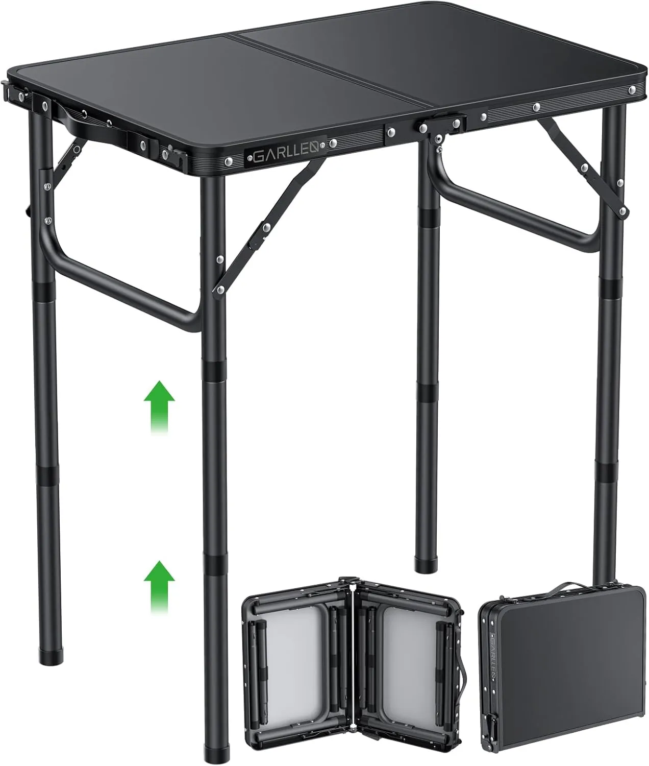 2ft Folding Camping Table, 3 Adjustable Height Lightweight Picnic Table, Portable Aluminum Grill Table (22.8" L x 15.7" W) for Outdoor, Camping, BBQ, Black