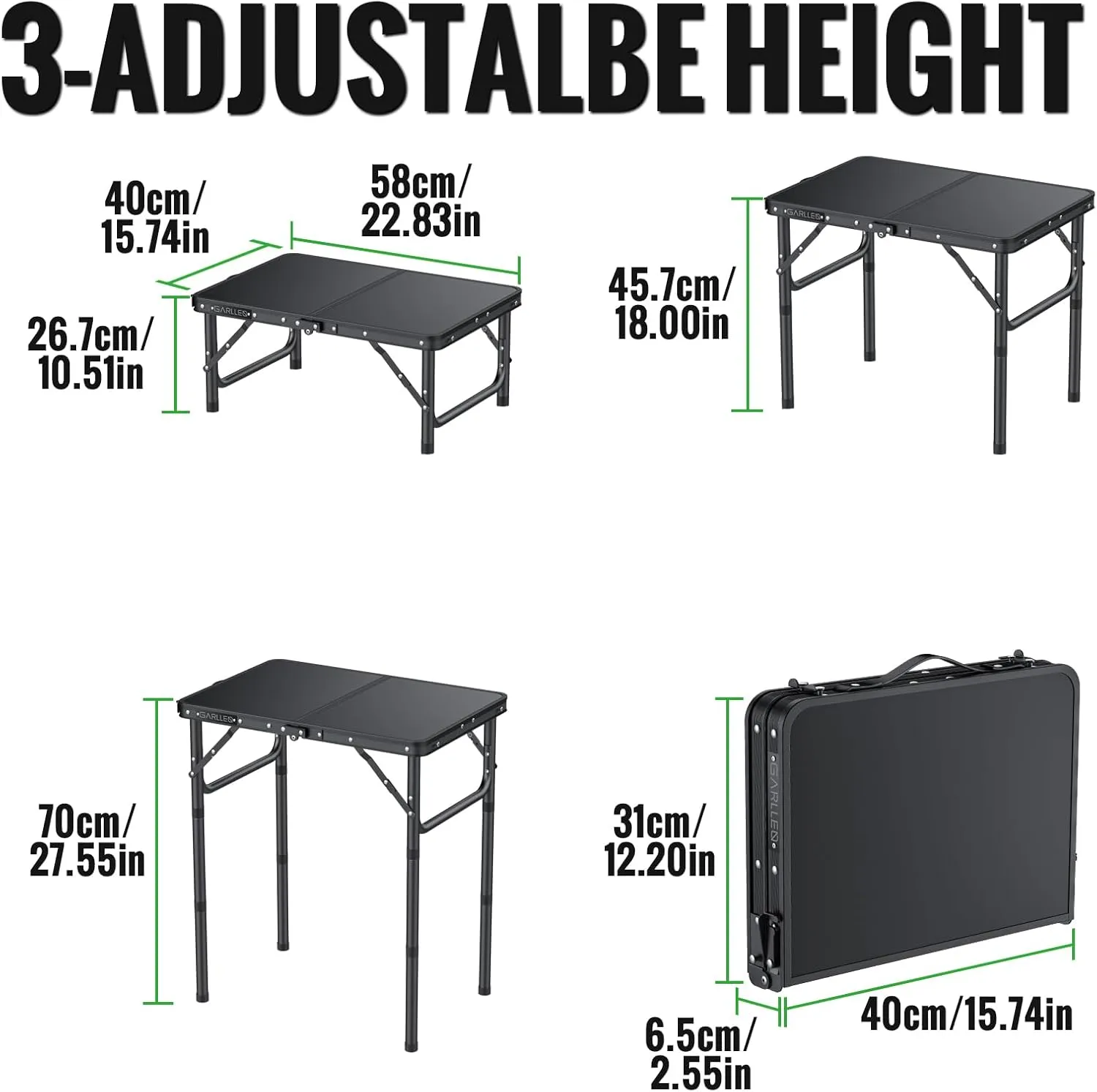 2ft Folding Camping Table, 3 Adjustable Height Lightweight Picnic Table, Portable Aluminum Grill Table (22.8" L x 15.7" W) for Outdoor, Camping, BBQ, Black