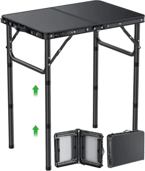 2ft Folding Camping Table, 3 Adjustable Height Lightweight Picnic Table, Portable Aluminum Grill Table (22.8" L x 15.7" W) for Outdoor, Camping, BBQ, Black
