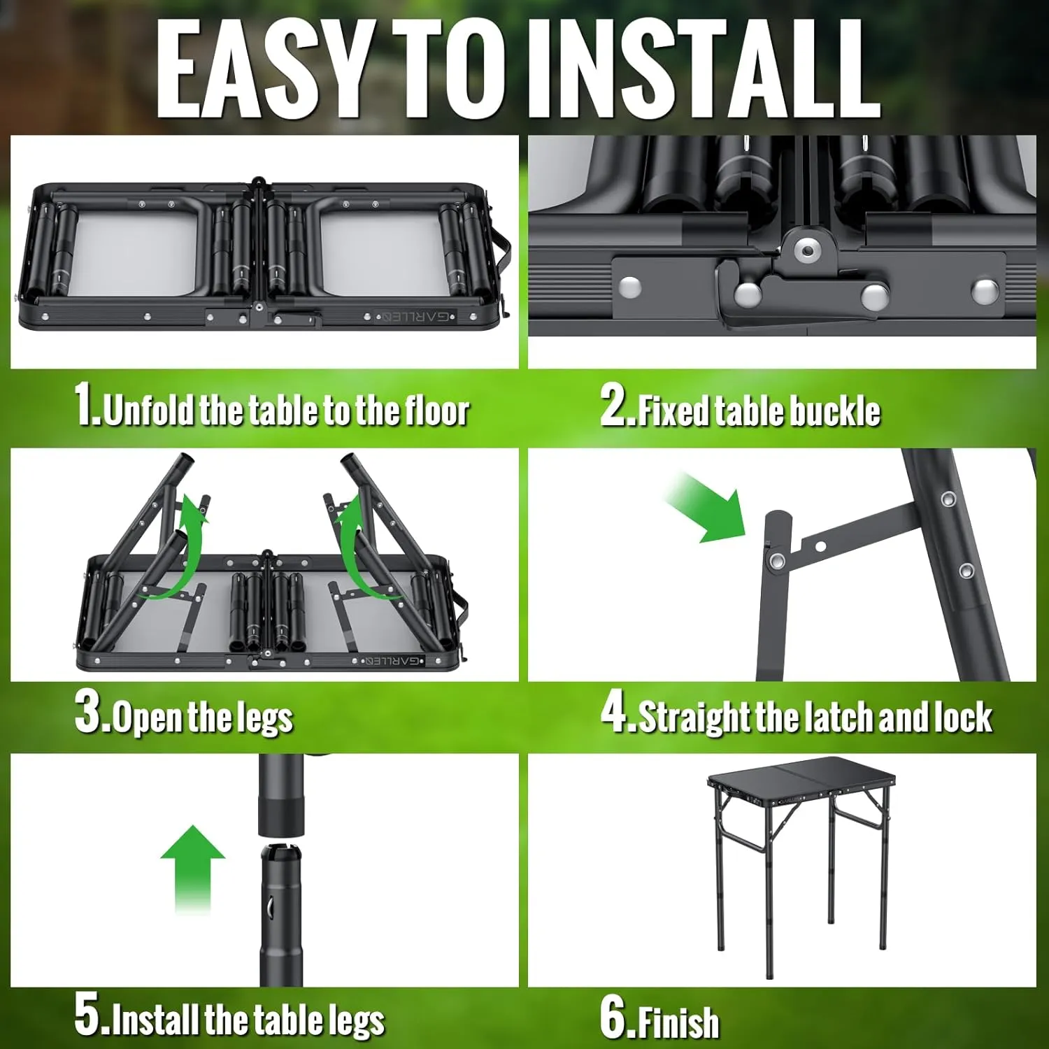 2ft Folding Camping Table, 3 Adjustable Height Lightweight Picnic Table, Portable Aluminum Grill Table (22.8" L x 15.7" W) for Outdoor, Camping, BBQ, Black