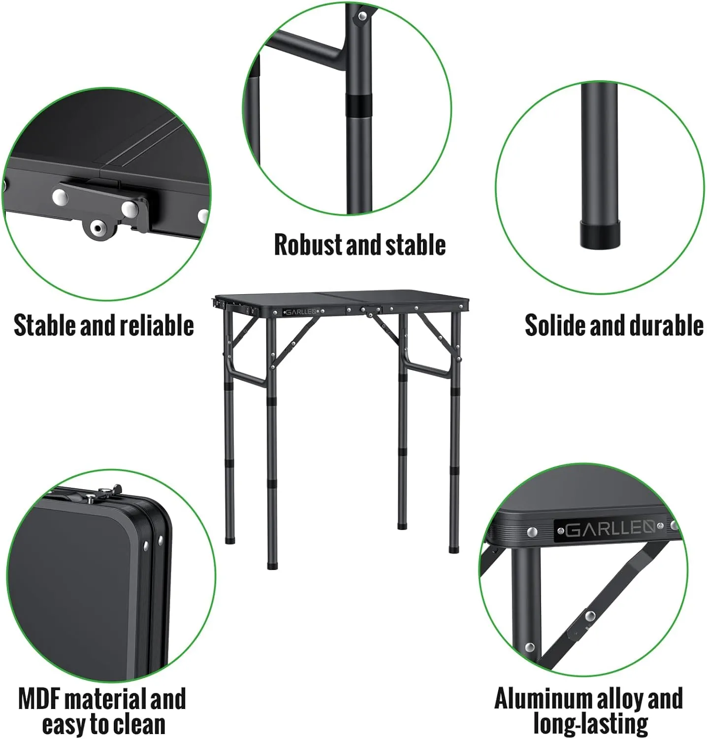 2ft Folding Camping Table, 3 Adjustable Height Lightweight Picnic Table, Portable Aluminum Grill Table (22.8" L x 15.7" W) for Outdoor, Camping, BBQ, Black