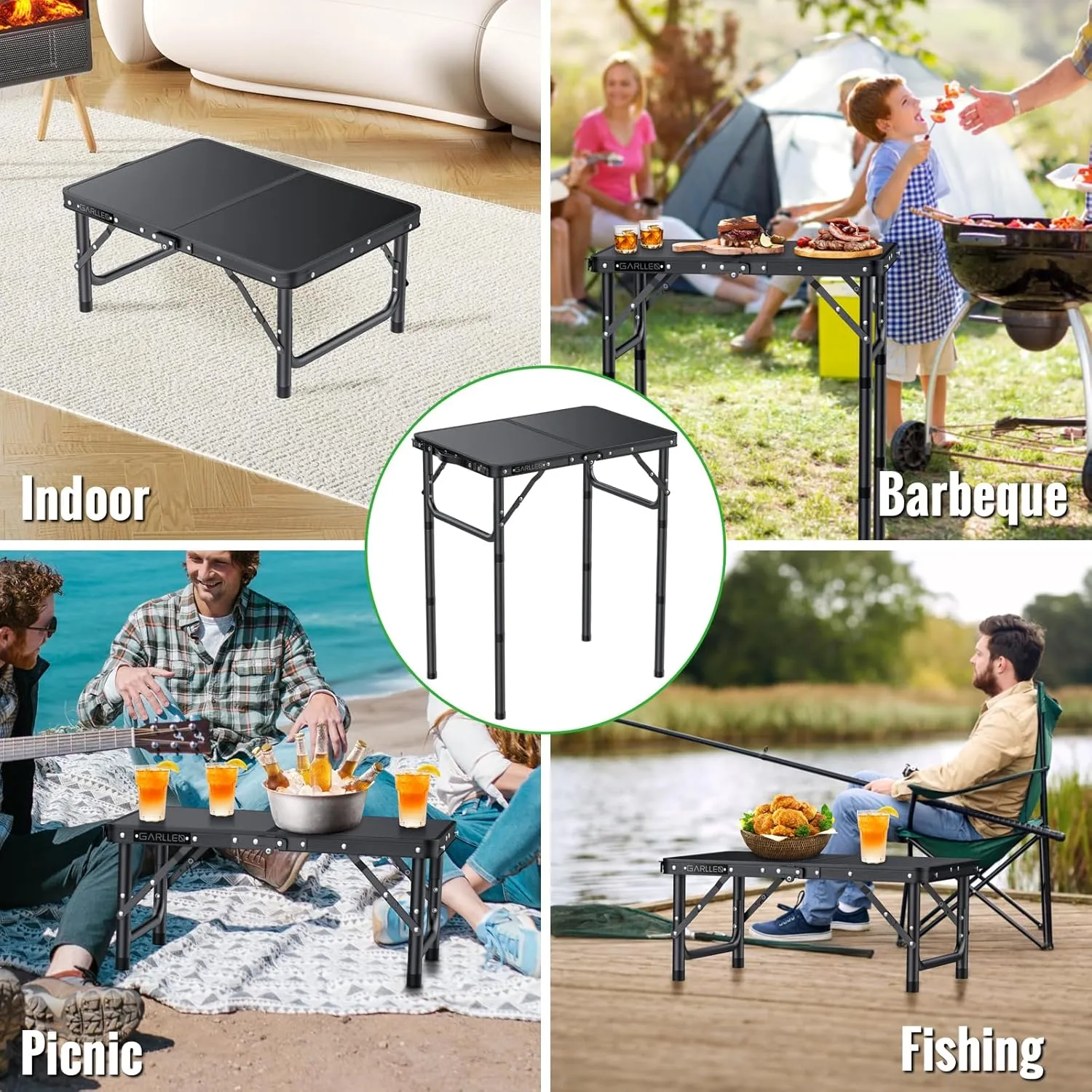 2ft Folding Camping Table, 3 Adjustable Height Lightweight Picnic Table, Portable Aluminum Grill Table (22.8" L x 15.7" W) for Outdoor, Camping, BBQ, Black
