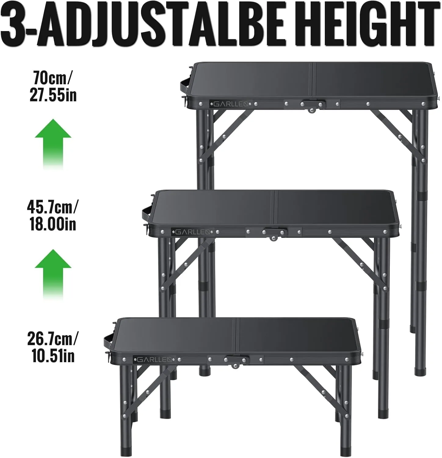 2ft Folding Camping Table, 3 Adjustable Height Lightweight Picnic Table, Portable Aluminum Grill Table (22.8" L x 15.7" W) for Outdoor, Camping, BBQ, Black