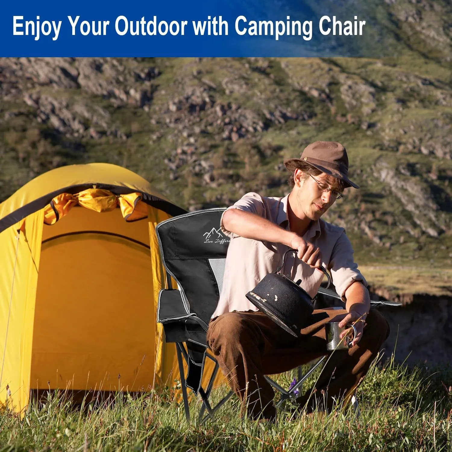 2PCS Collapsible Folding Camping Chairs Heavy Duty Lawn Foldable Chair with Cooler Bag, Storage Pocket, Waterproof Bag Outdoor Arm Sport Chair, Supports 325LBS, Black