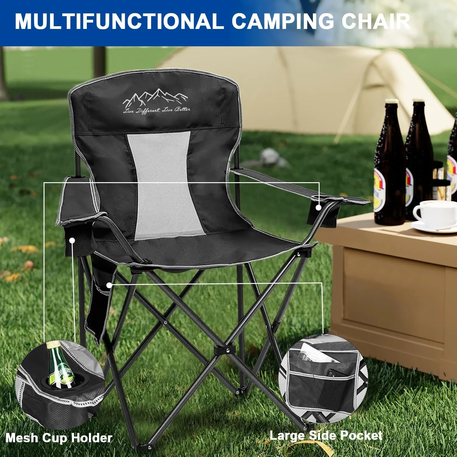 2PCS Collapsible Folding Camping Chairs Heavy Duty Lawn Foldable Chair with Cooler Bag, Storage Pocket, Waterproof Bag Outdoor Arm Sport Chair, Supports 325LBS, Black