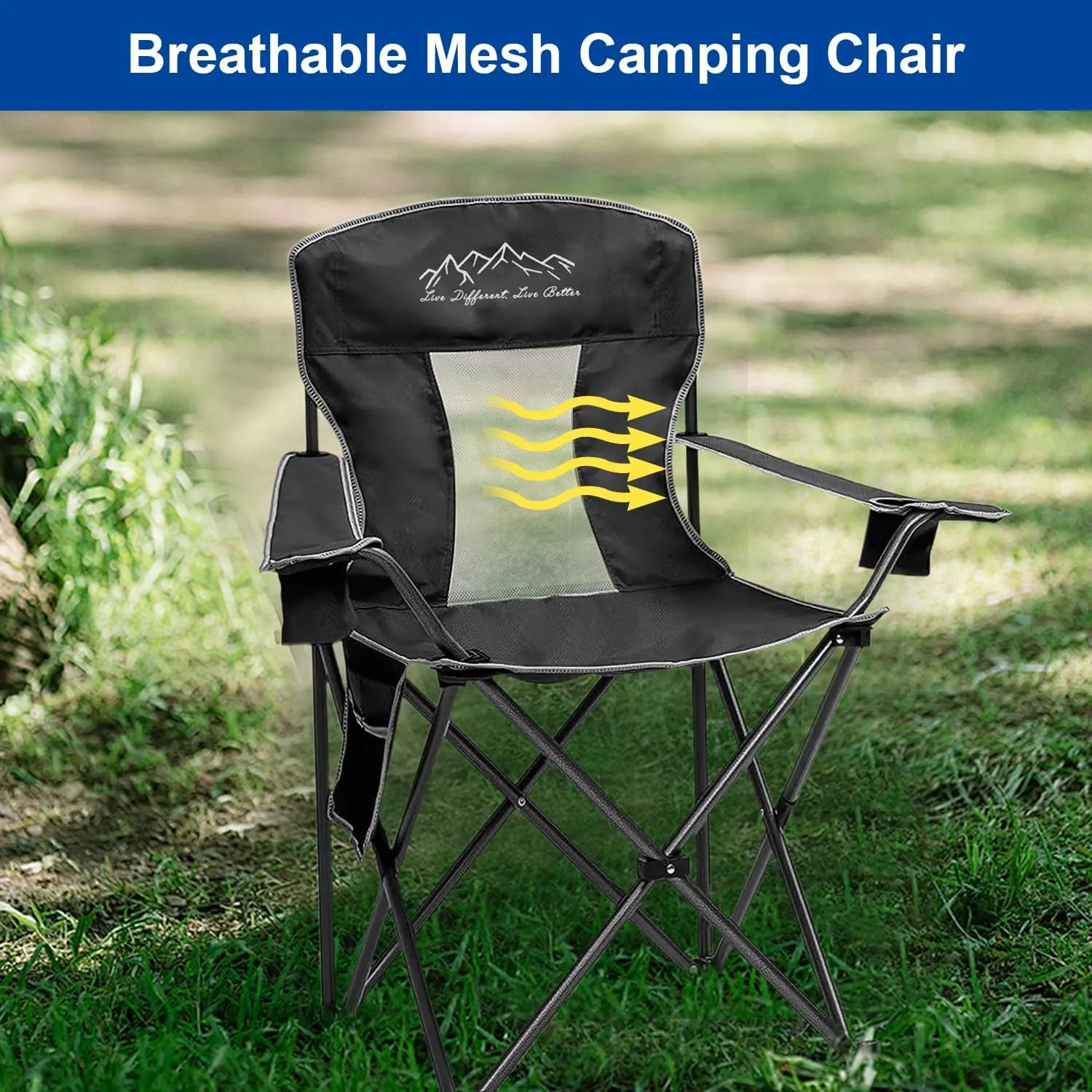 2PCS Collapsible Folding Camping Chairs Heavy Duty Lawn Foldable Chair with Cooler Bag, Storage Pocket, Waterproof Bag Outdoor Arm Sport Chair, Supports 325LBS, Black
