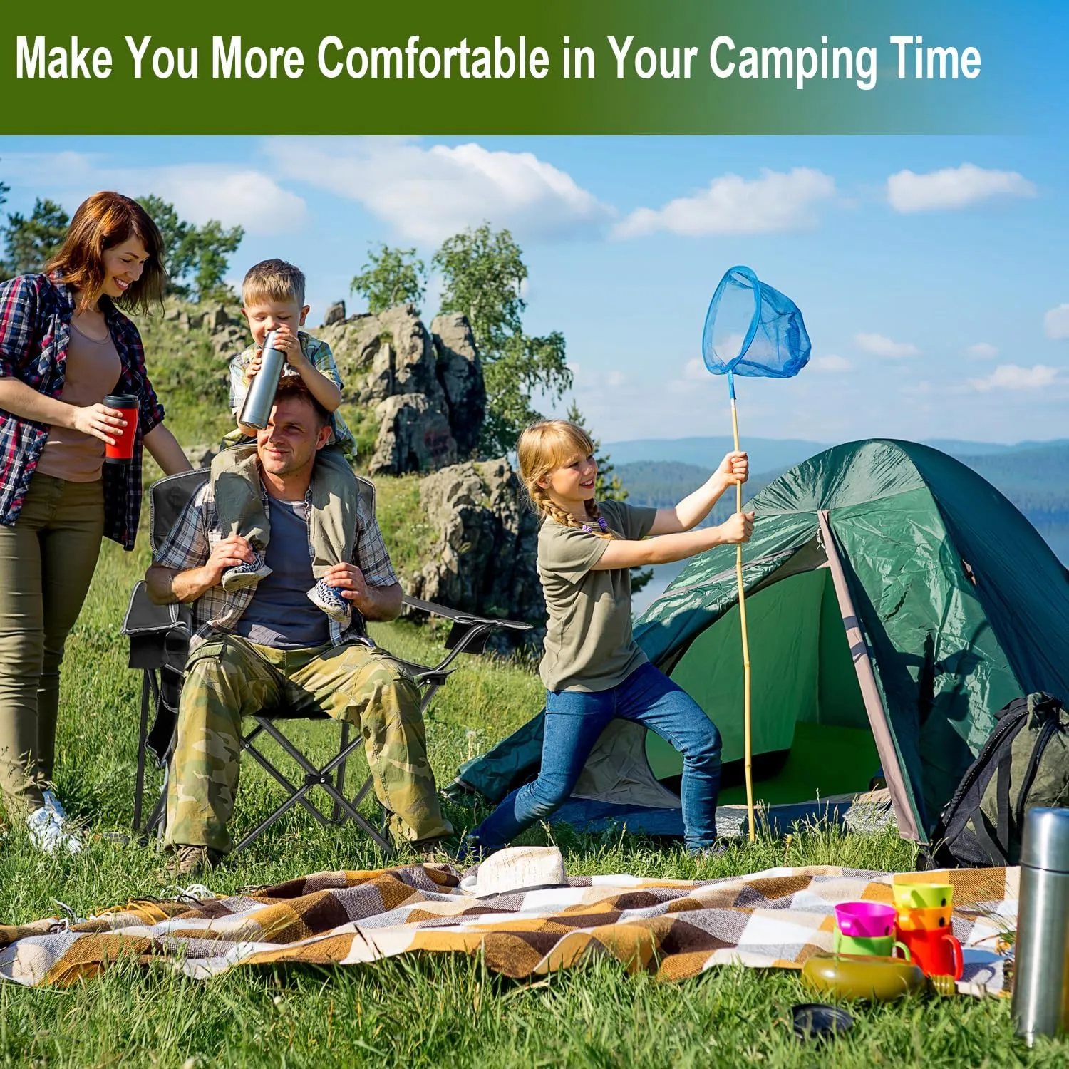 2PCS Collapsible Folding Camping Chairs Heavy Duty Lawn Foldable Chair with Cooler Bag, Storage Pocket, Waterproof Bag Outdoor Arm Sport Chair, Supports 325LBS, Black