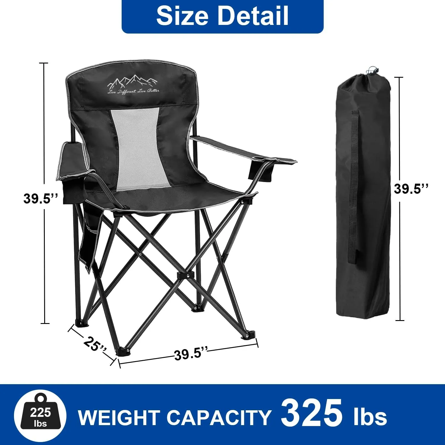 2PCS Collapsible Folding Camping Chairs Heavy Duty Lawn Foldable Chair with Cooler Bag, Storage Pocket, Waterproof Bag Outdoor Arm Sport Chair, Supports 325LBS, Black