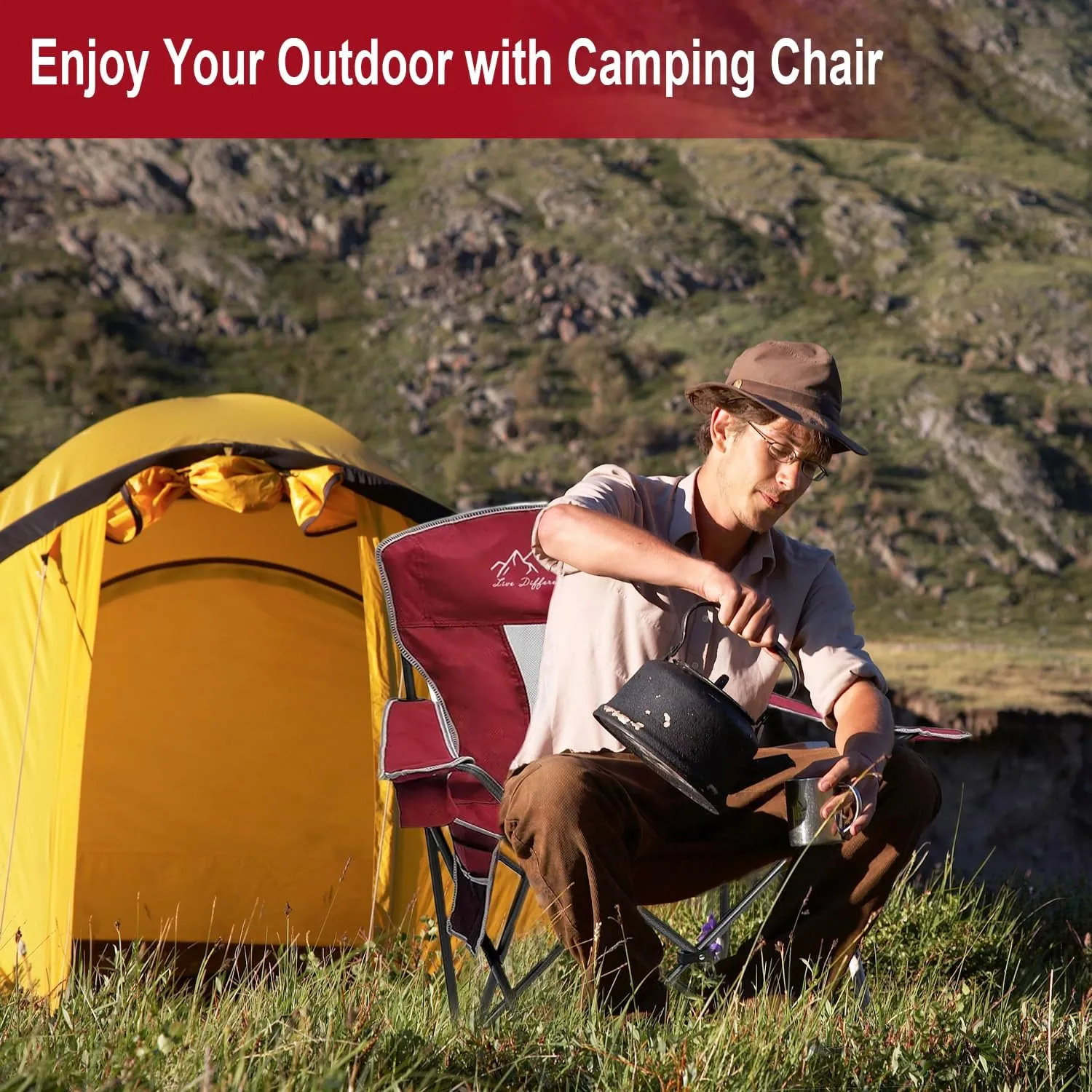 2PCS Collapsible Folding Camping Chairs Heavy Duty Lawn Foldable Chair with Cooler Bag, Storage Pocket, Waterproof Bag Outdoor Arm Sport Chair, Supports 325LBS, Red