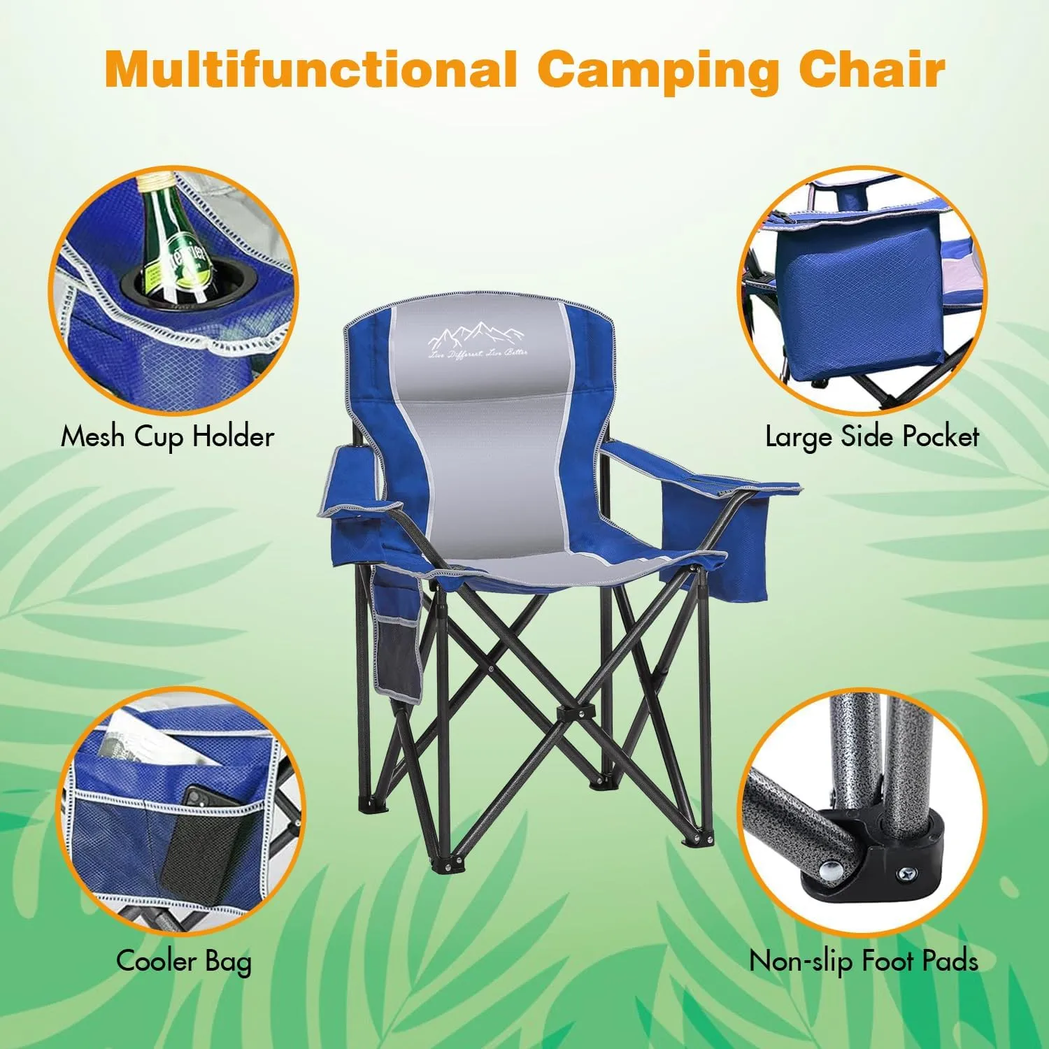 2PCS Folding Camping Chair Portable Outdoor Heavy Duty Padded Chairs Lawn Chair with Cup Holder, Storage Pocket and Cooler Bag, Supports 450LBS Blue