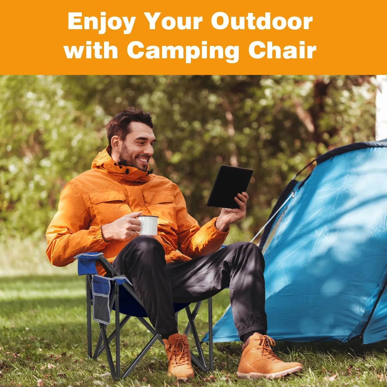 2PCS Folding Camping Chair Portable Outdoor Heavy Duty Padded Chairs Lawn Chair with Cup Holder, Storage Pocket and Cooler Bag, Supports 450LBS Blue