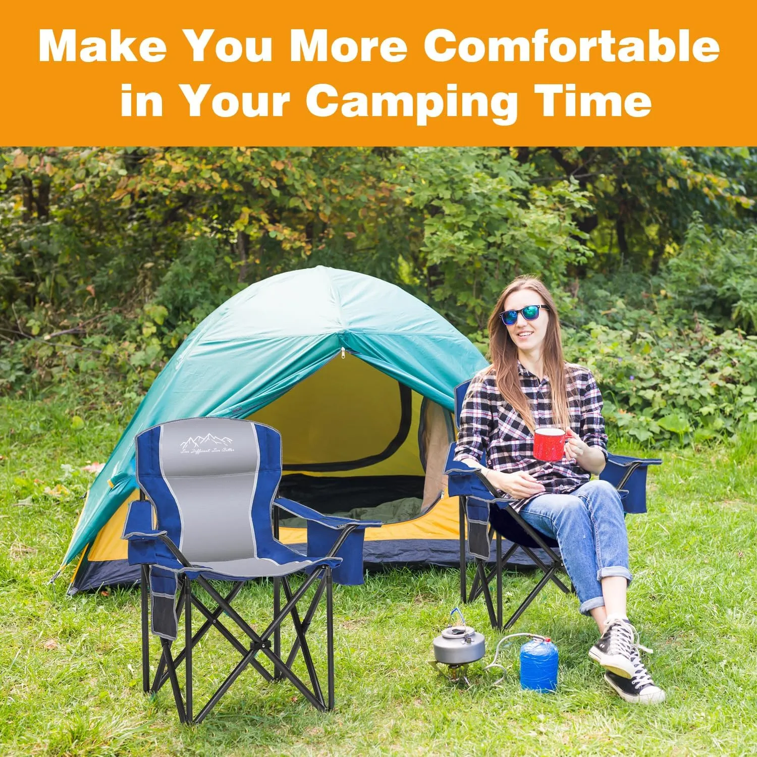 2PCS Folding Camping Chair Portable Outdoor Heavy Duty Padded Chairs Lawn Chair with Cup Holder, Storage Pocket and Cooler Bag, Supports 450LBS Blue