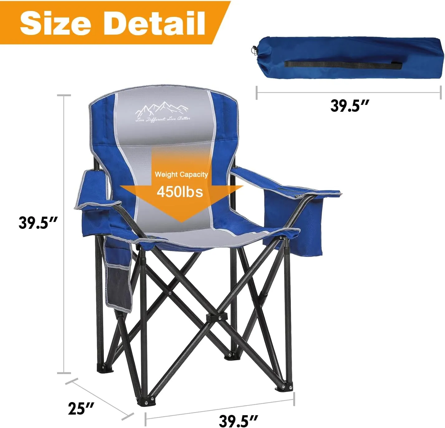 2PCS Folding Camping Chair Portable Outdoor Heavy Duty Padded Chairs Lawn Chair with Cup Holder, Storage Pocket and Cooler Bag, Supports 450LBS Blue